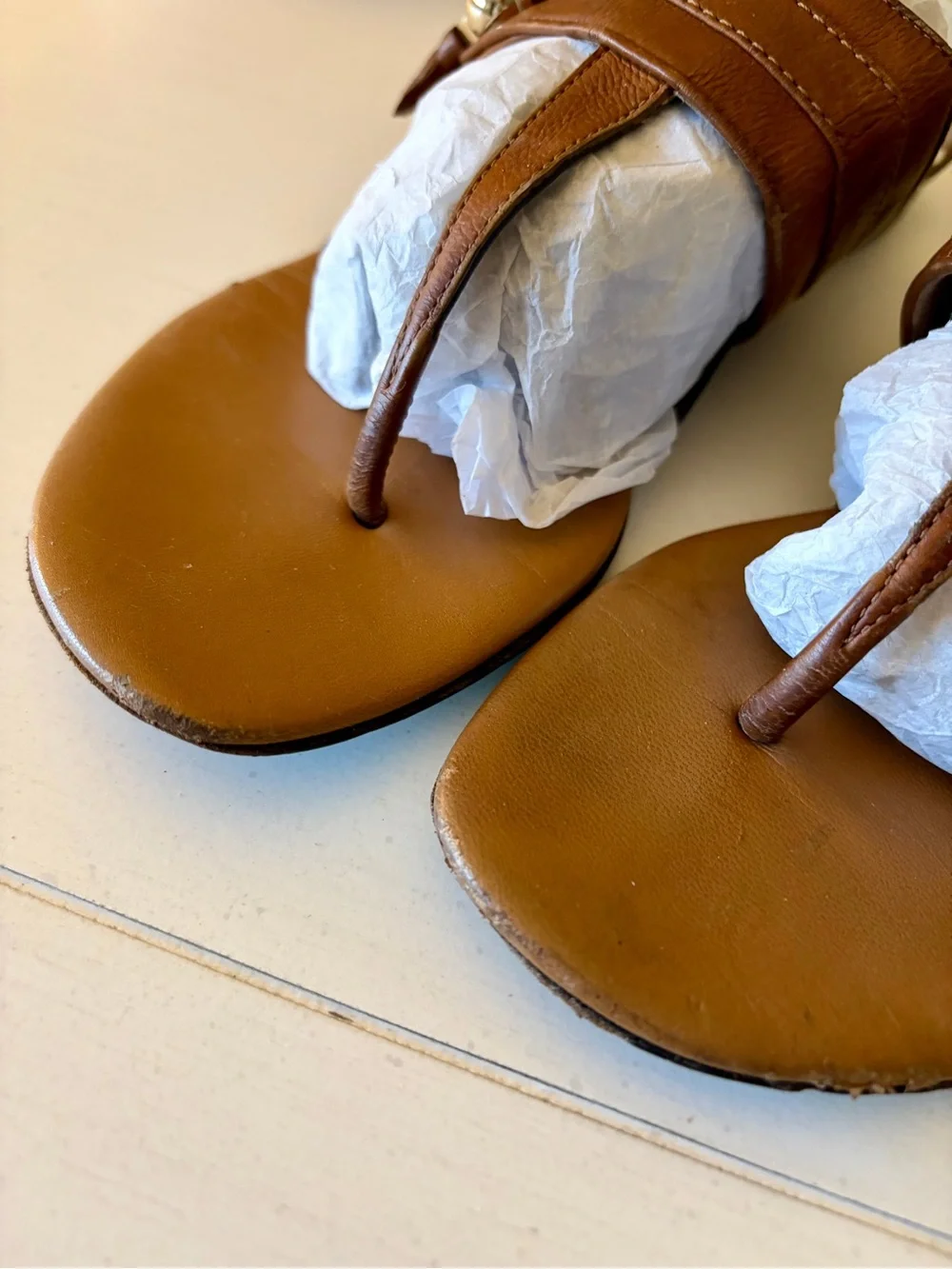 Gucci Brown Leather Thong Sandals with Gold Accents